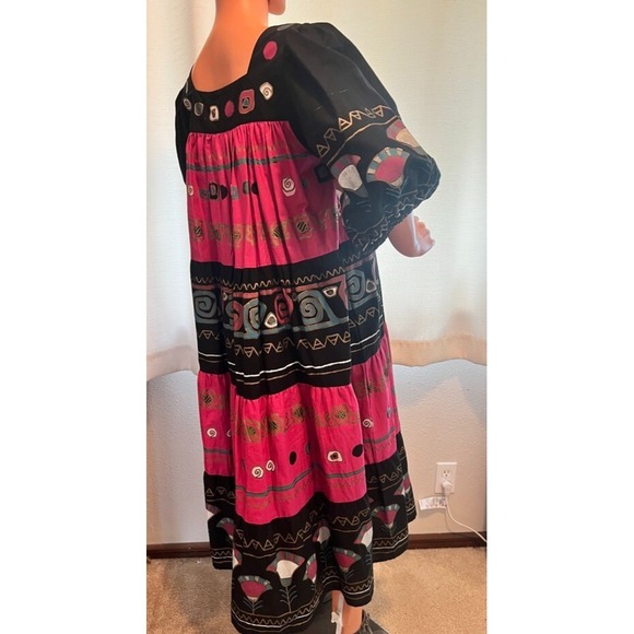 Vintage Ramona Rull Folk Art Festival Dress Pink Black Cotton Size S/M (P) - Picture 3 of 16